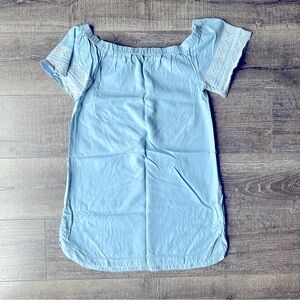 Athleta Chambray Off Shoulder Dress Tunic Embroidered Sleeves Size XS